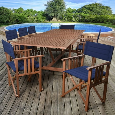 Cheap Outdoor Furniture Orlando Amazonia Orlando Blue, Brown Polyester Upholstery and Wood 9 Piece Double Leaf Extendable Rectangular Patio Dining Set ()