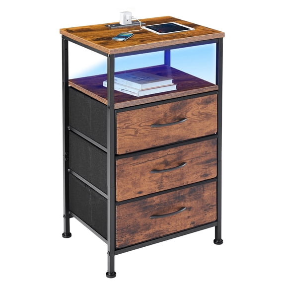 Resenkos Nightstand with Charging Station and LED Lights, 3 Fabric Drawers with USB Type-C Ports and Power Outlets for Bedroom, Brown