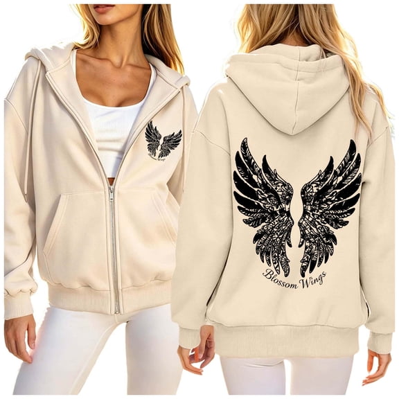 Puliio Womens Full Zip Up Hoodie Oversized Vintage Graphic Print Warm Fall Sweatshirt With Side Pockets
