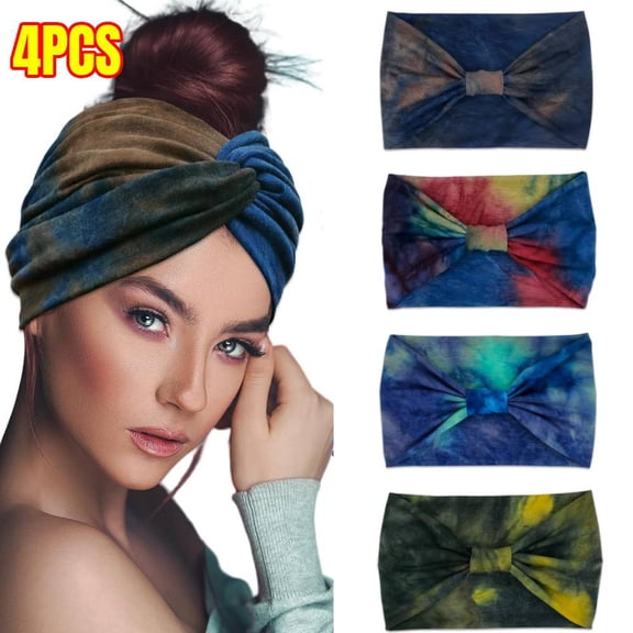4 PCS Wide Boho Headbands for Women Fashion Knotted Headband Yoga Workout Hair Accessories African Head Wrap Blue Tie Dye
