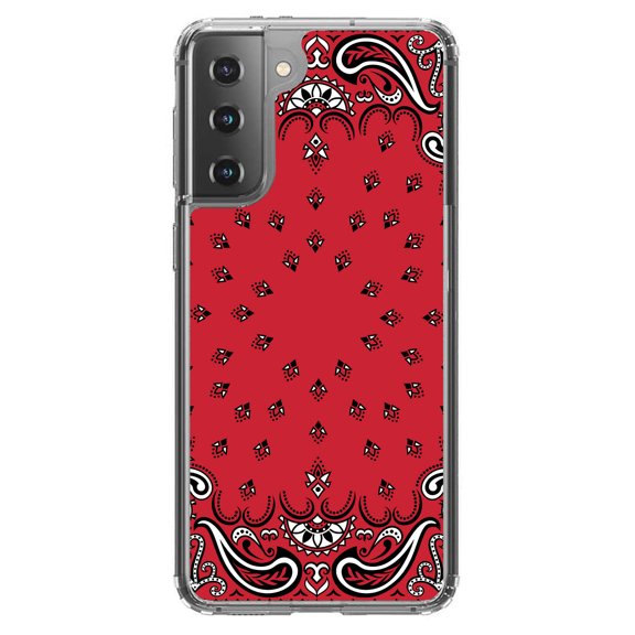 DistinctInk Clear Shockproof Hybrid Case for Galaxy S21  PLUS 5G (6.7" Screen) - TPU Bumper, Acrylic Back, Tempered Glass Screen Protector - Bandana Print - Red, Black, White