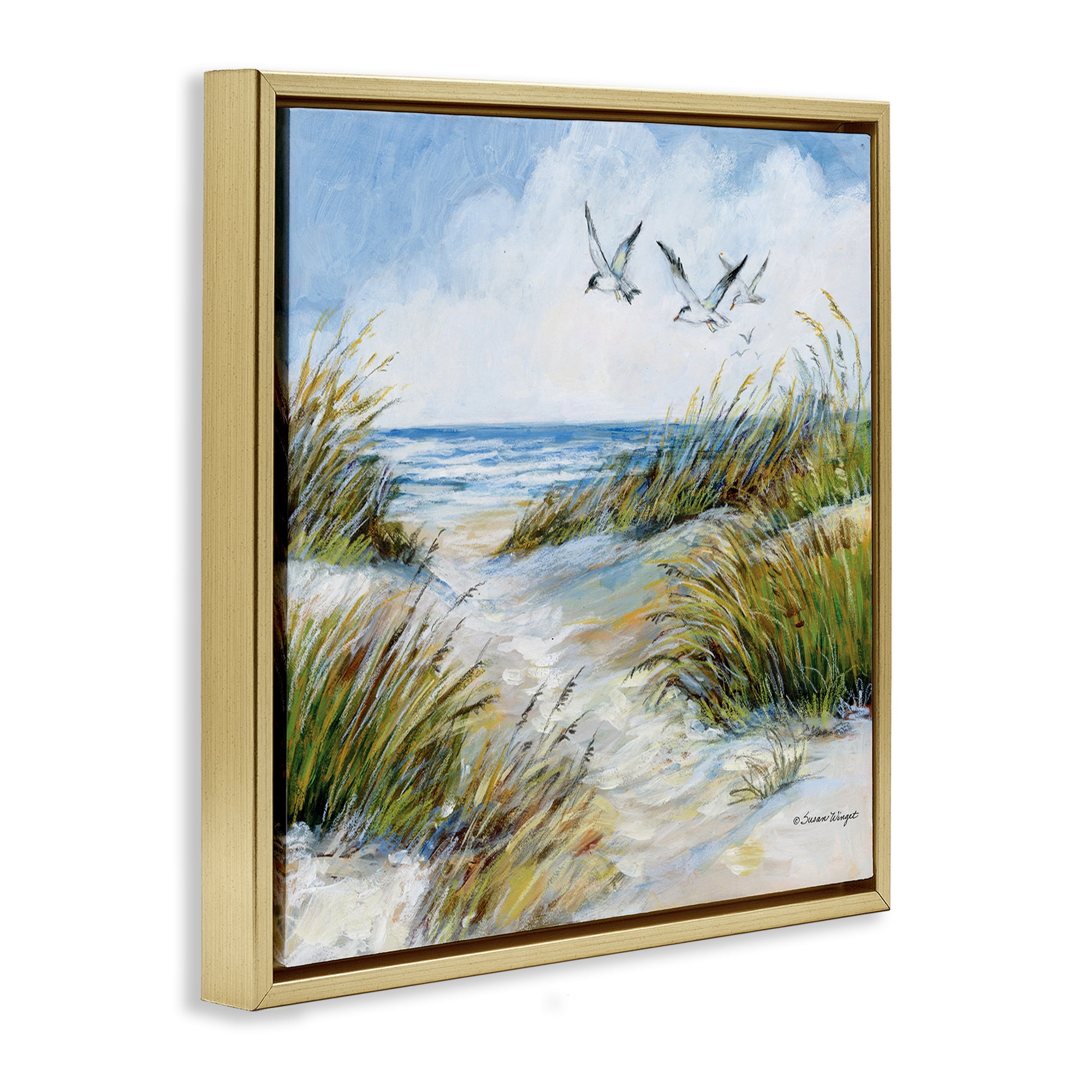 Stupell Industries Beach Path Seagulls Overhead Gold Framed Floater Canvas Wall Art, design by Susan Winget