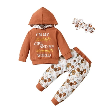 

Canrulo Autumn Kids Baby Girls Clothes Set Letter Long Sleeve Hooded Sweatshirt Floral Pants Headband Ginger 18-24 Months