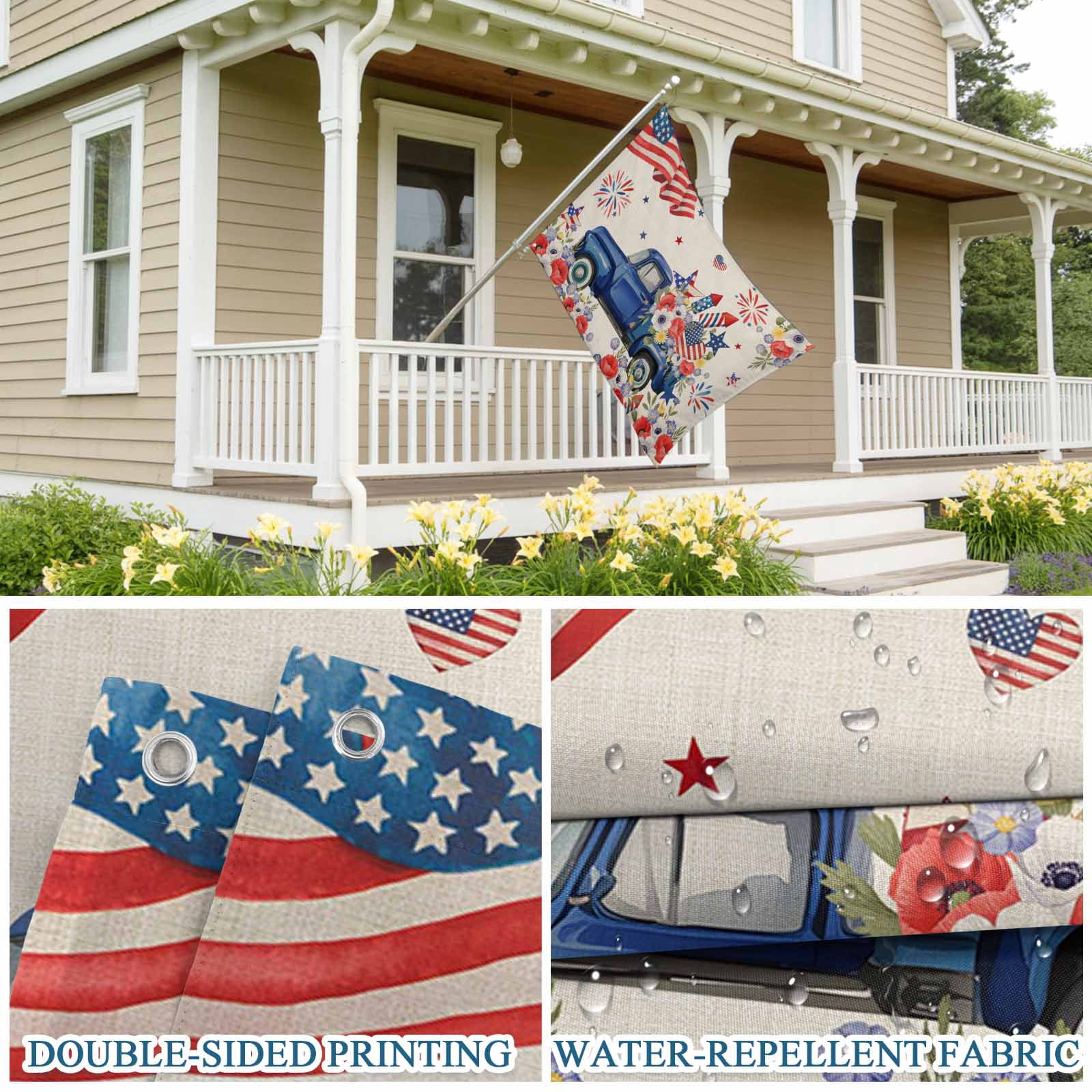 4th of July Flags for Outside 3x5 ft Fireworks Poppy Truck Outdoor Flags Double Sided Grommets USA Flag Patriotic Stars Stripes Patio Yard Flag for Outdoor Party Porch Independence Day