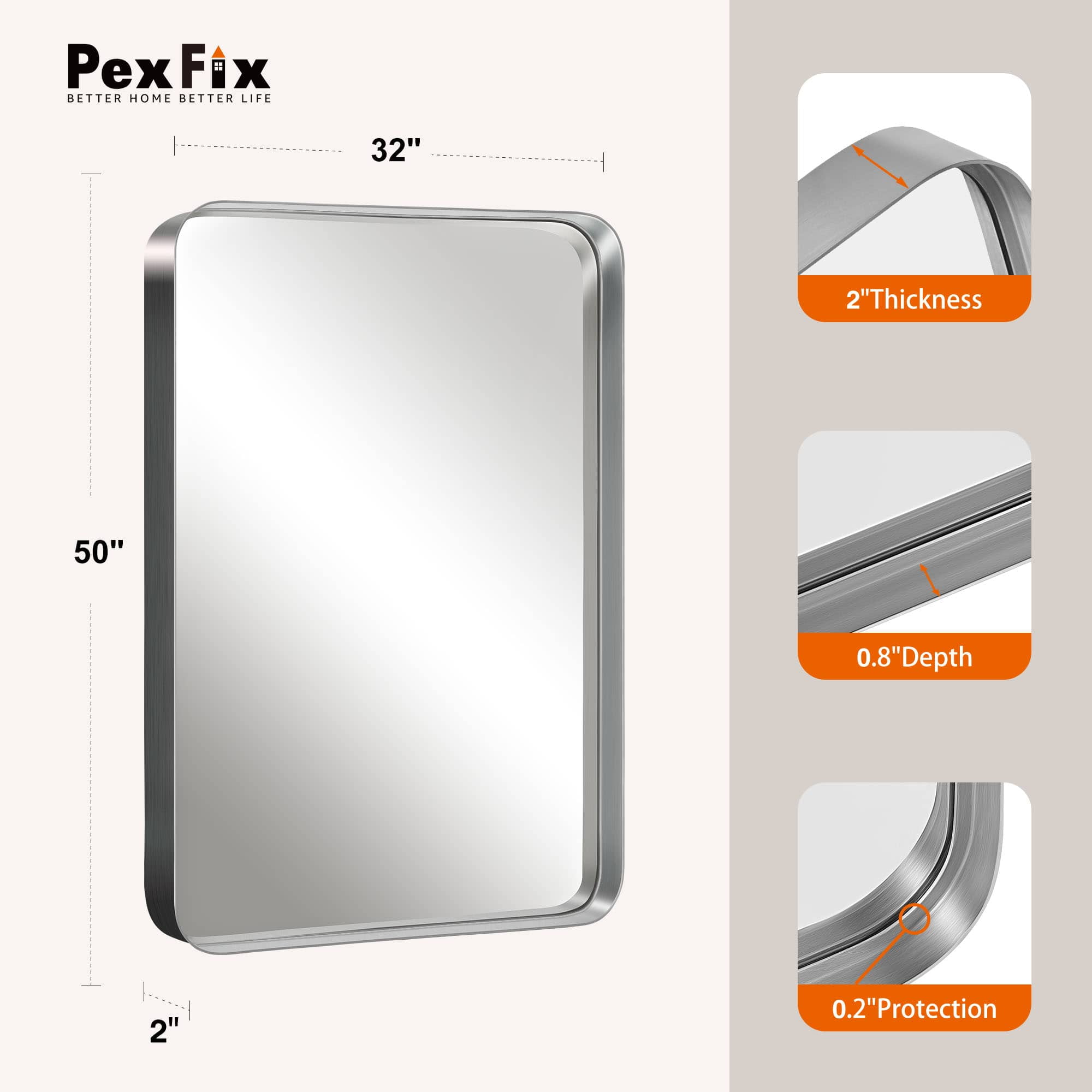 MAYEERTY 50"x32" Aluminum Alloy ,Rectangular Mirror for Bathroom , Silver