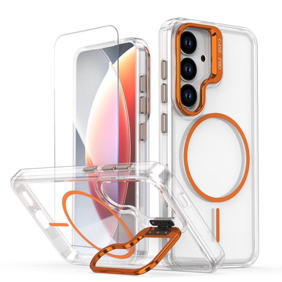 Clear Case for Samsung Galaxy S26 with Screen Protector, Compatible with Magsafe Camera Lens Stand Anti-Yellow Shockproof Magnetic Back Cover for Women Men, Orange