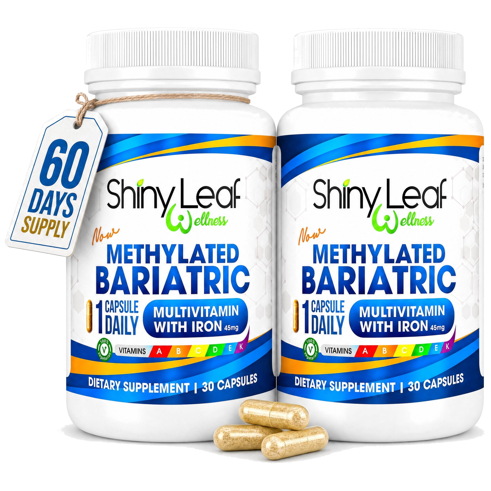 Shiny Leaf Methylated Bariatric Multivitamin with Iron - 45 mg for Gastric Bypass, Sleeve Gastrectomy, Roux-en-Y, Duodenal Switch - 22 Vitamins & Minerals, ASMBS Compliant, Made In USA, GMP, 60 Ct.