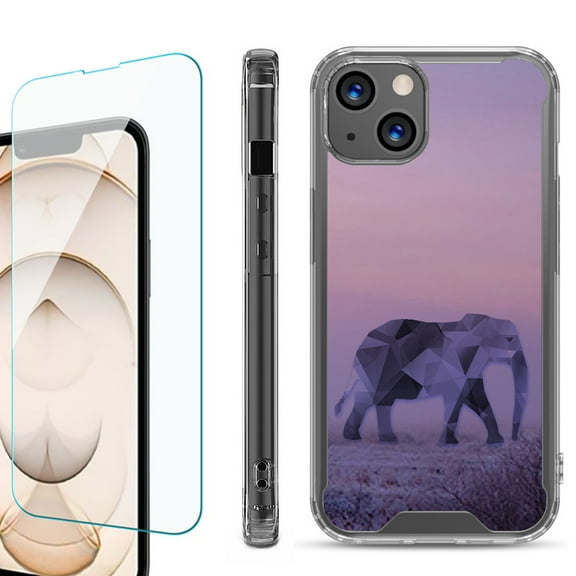 Shockproof Bumper Phone Case for iPhone 13, with Tempered Glass Screen Protector, by OneToughShield ® - Twilight Elephant