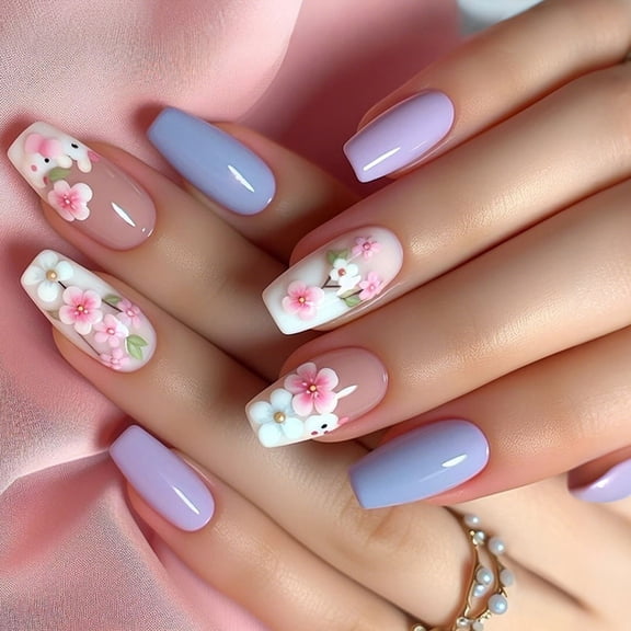 24 Pcs Long Shape Press On Nails Flowers False Nails Simple Acrylic Nails Glossy Full Covers on Nails for Woman