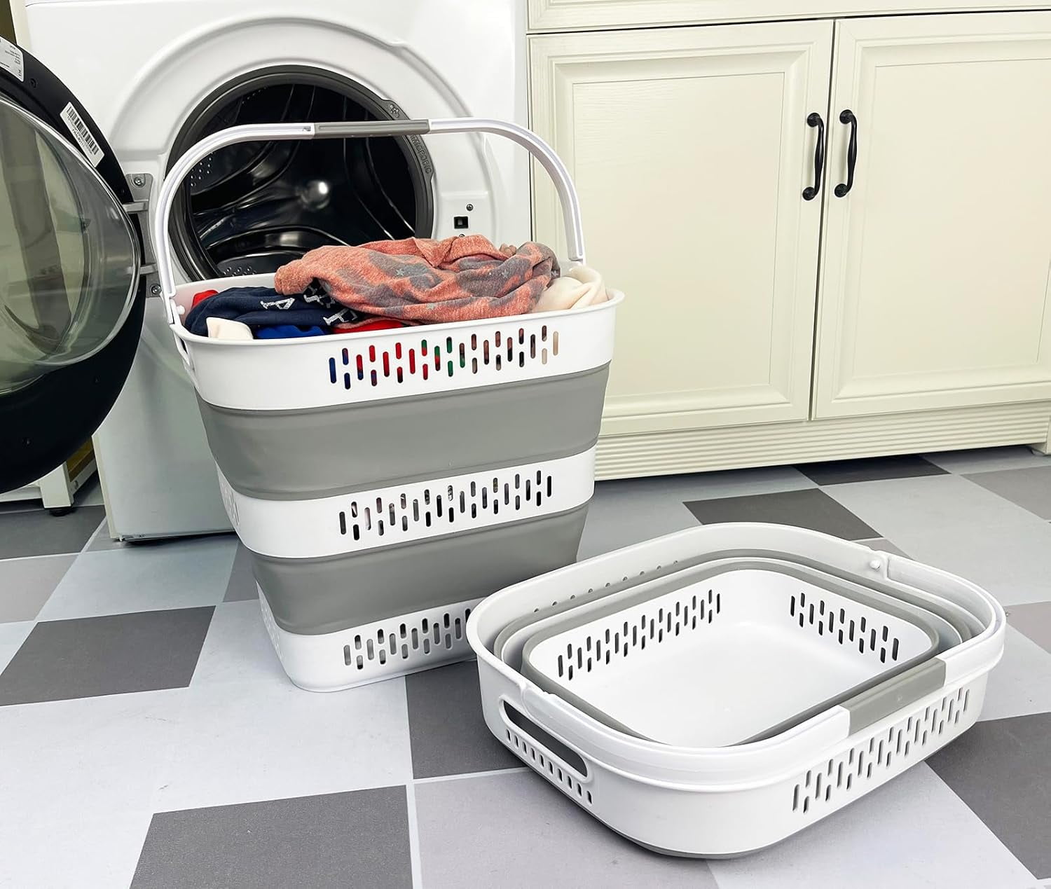 CHTER 40L (10.5 Gallon) Collapsible Plastic Laundry Basket with Handles - Foldable Pop Up Storage Container/Organizer - Portable Laundry Hamper - Space Saving (2, White/Grey)