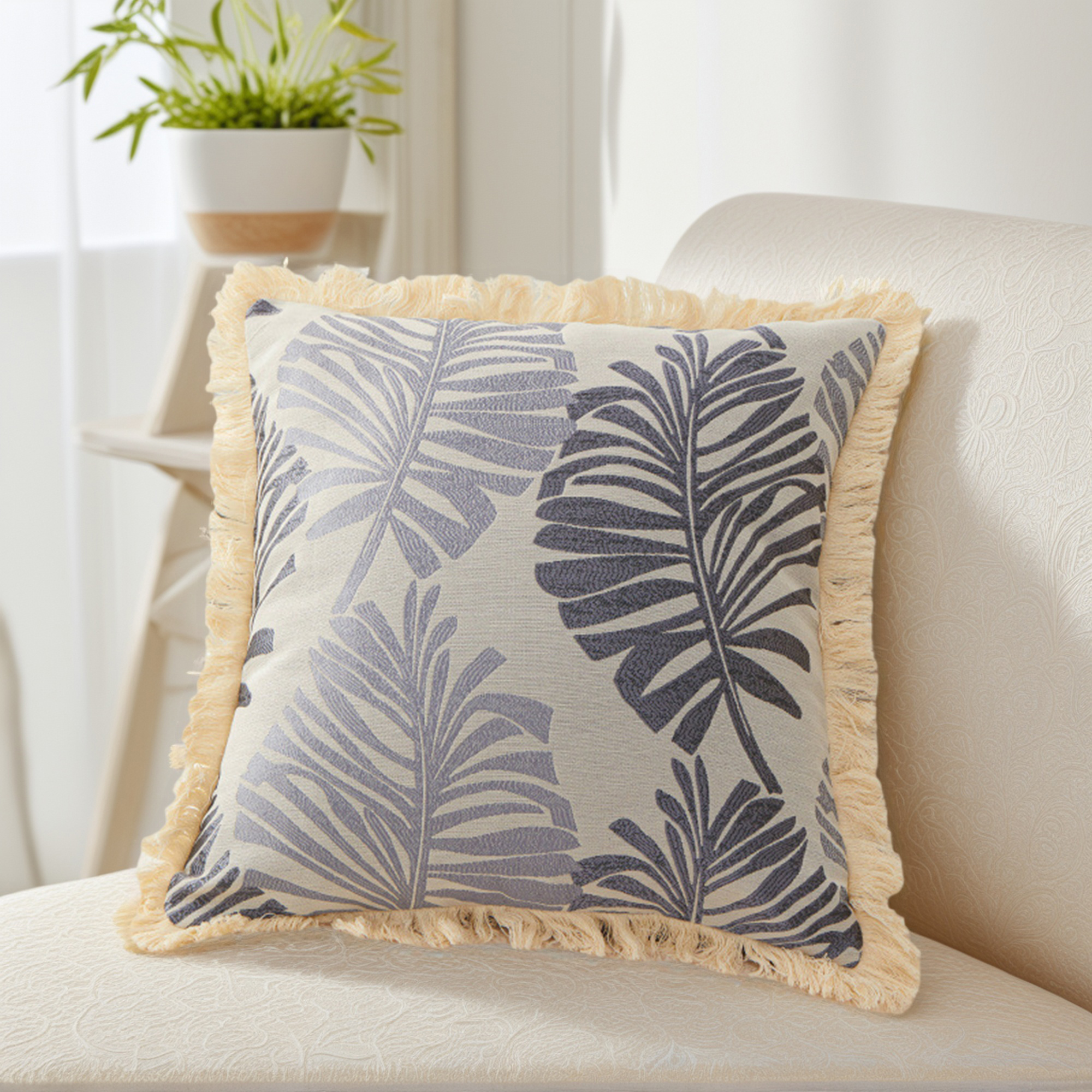 Unique Bargains Set of 2 Boho Palm Leaf Jacquard Throw Pillow with Tassel Edge Light Grey