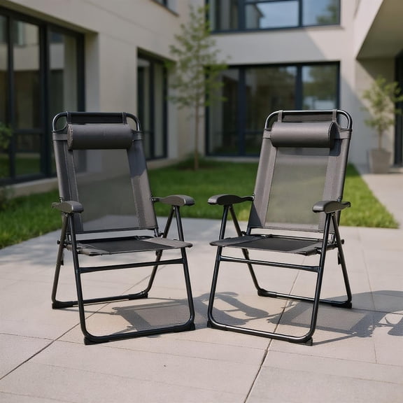 Topcobe 2 Pieces Patio Adjustable Folding Recliner Chairs with 7 Level Adjustable Backrest, Foldable Outdoor Patio Recliner for Deck, Backyard, Gray