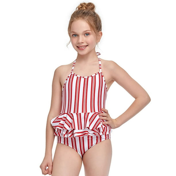 Girls One Piece Swimsuit: Stripe Printed Bathing Suit Beach Swimwear for  Child
