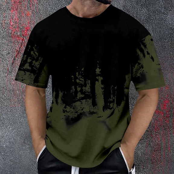 T Shirts for Man Summer Color Block Printed Short Sleeve Crew Neck Tees Mens Casual Shirts Army Green L