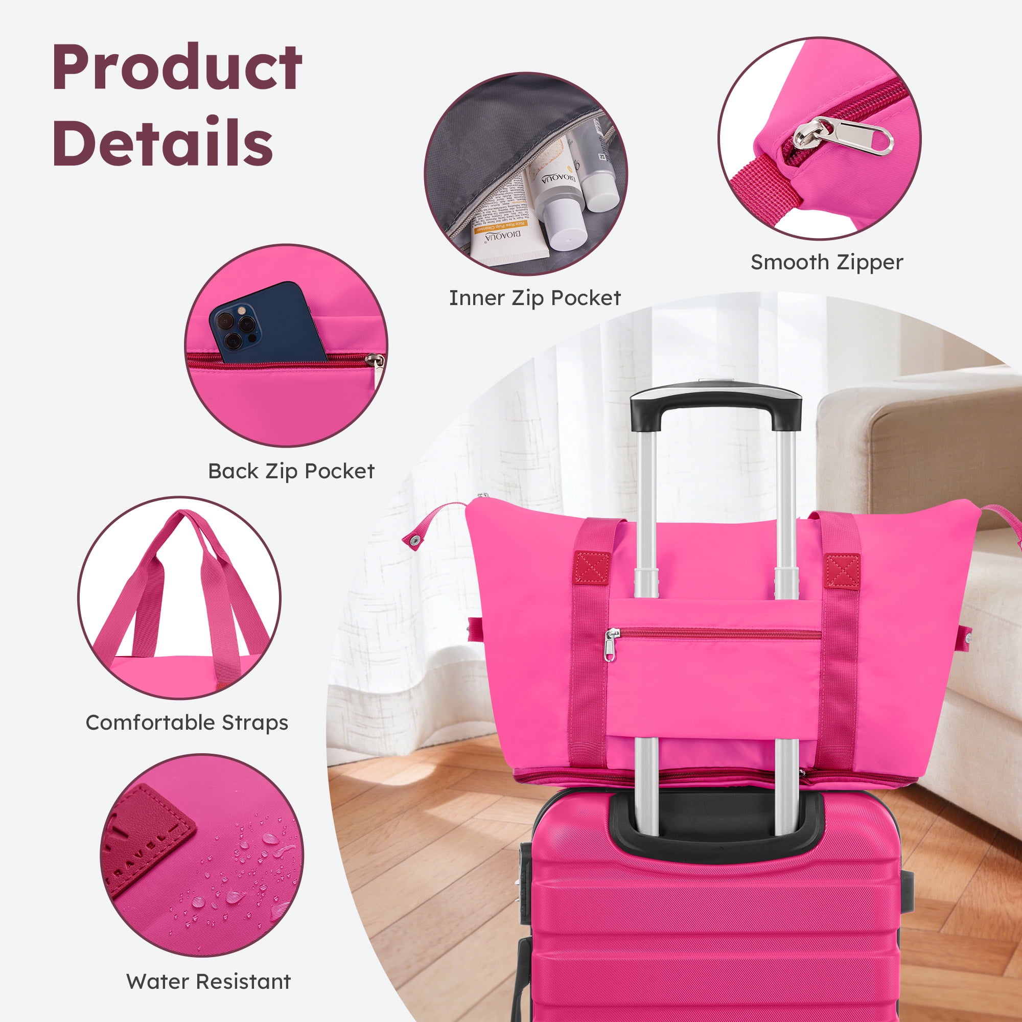 Gowill 6 Piece Luggage Sets,13/20/24/28 inch Hardside Lightweight ABS Suitcase With Expandable Duffle Bag (Rose Red)