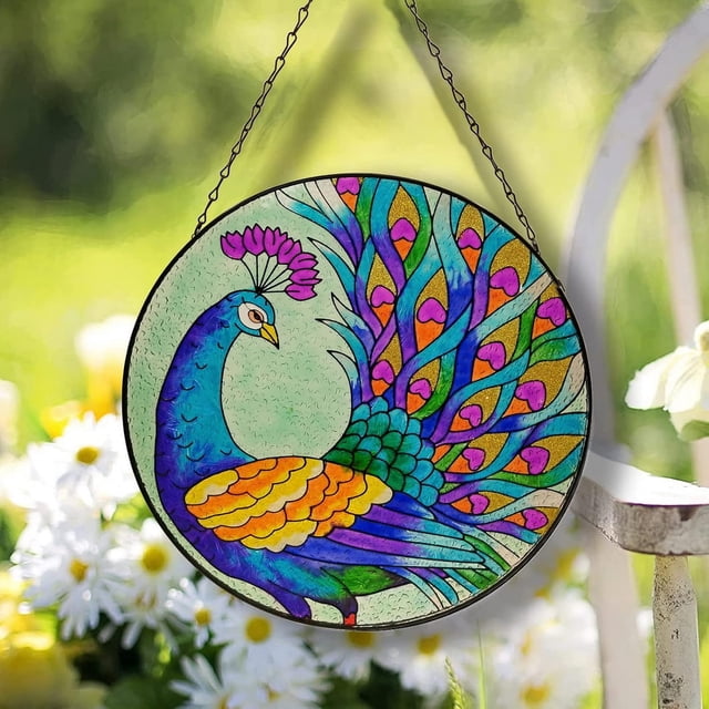 Placa colgante para ventana de pavo real de 12 pulgadas, panel de vidrio pintado hecho a mano con cadena para pared o ventanas