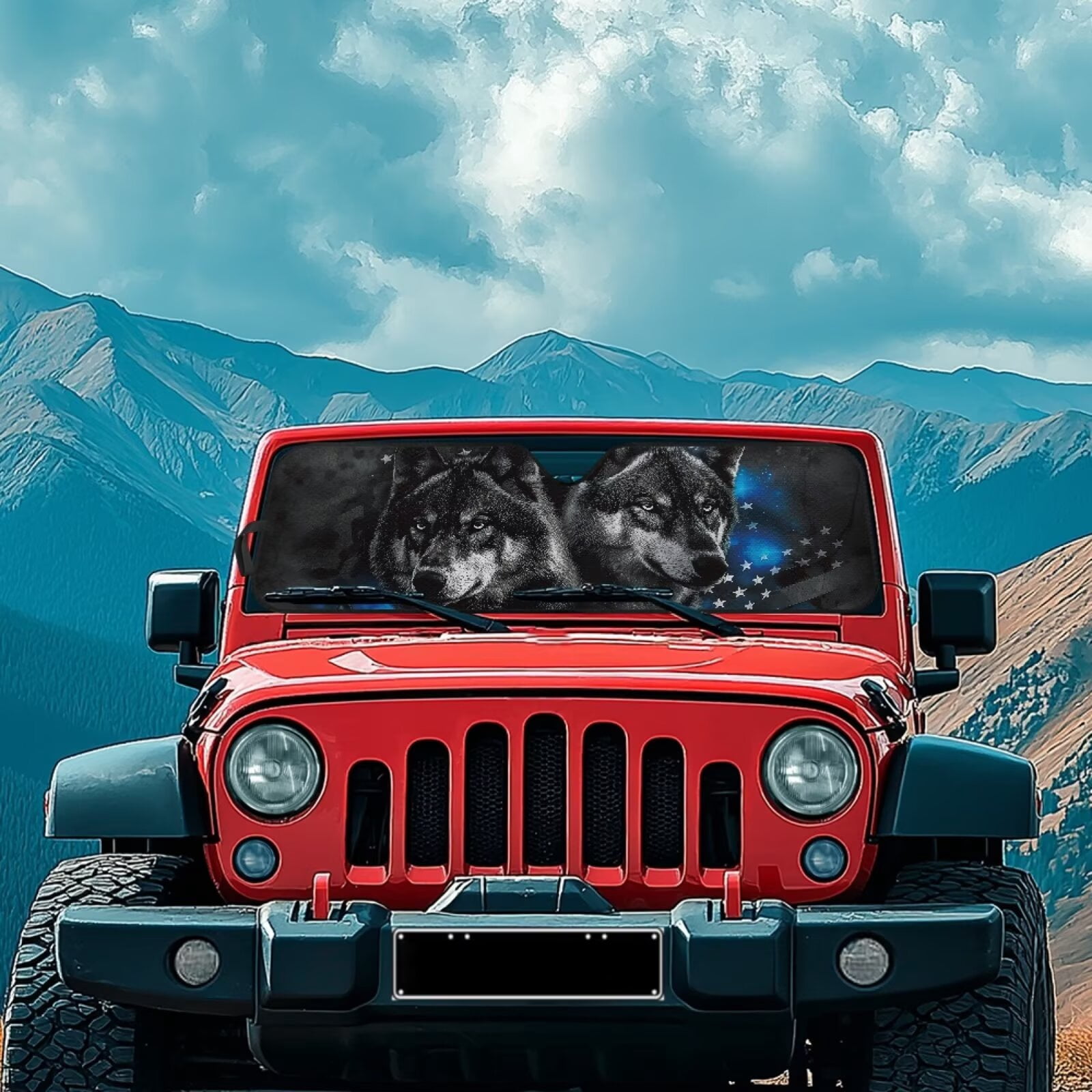 Uorisanigo American Flag Wolf Windshield Sun Shade for Wrangler, Compass, Gladiator & Renegade-Blocks UV Rays Sun Visor Protector,Car Sunshade Keep Your Vehicle Cool - 52.95 x 16.14 inches