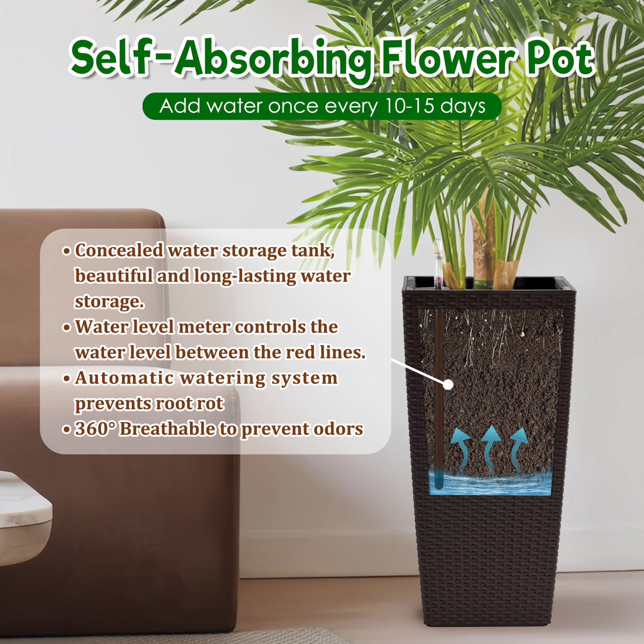 Noble House 2 Pack 22.61" Tall Square Self-Watering Planters, Faux Rattan Indoor Outdoor Flower Pots, Brown