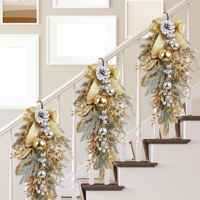 Christmas Wreath Upside Down Staircase Door Hanging Christmas Golden Leaf Hanging Ornament Bow Decoration