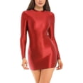 thumbnail image 1 of RUNQHUI Robe Moulante à Manches Longues Brillante pour Femmes Col Montant Lisse Extensible Mini Robes Bourgogne L, 1 of 6