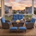 thumbnail image 2 of Patiobula Patio Furniture Set with Propane Fire Pit Table, 7 Pieces Outdoor Sectional Couch, Brown Wicker Rattan Conversation Loveseat Glider with Swivel Chair Ottomans for Backyard Deck, Navy, 2 of 15