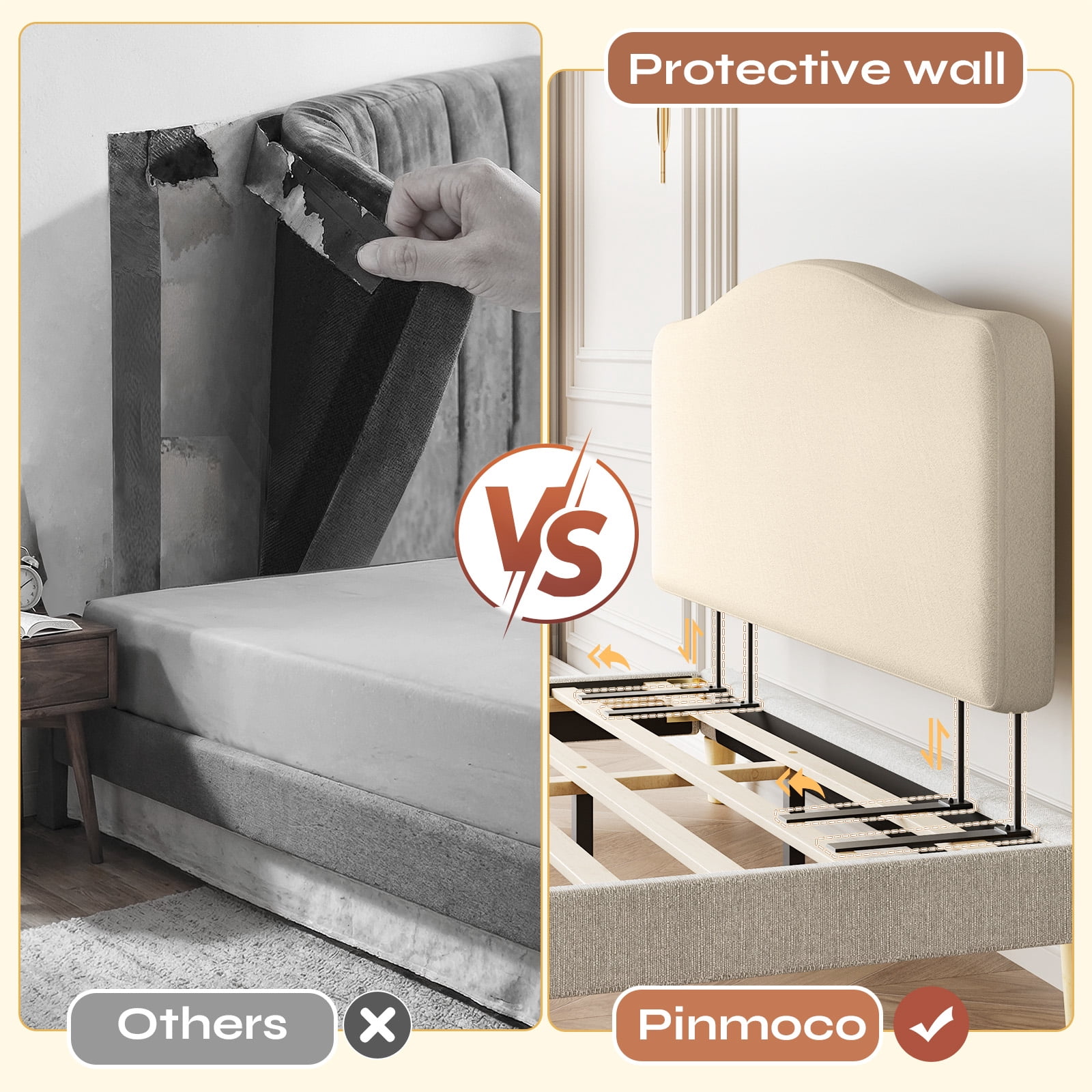 Pinmoco Upholstered Headboard for Twin Bed, Height Adjustable and Memory Foam Arc-shaped Head Board, Beige