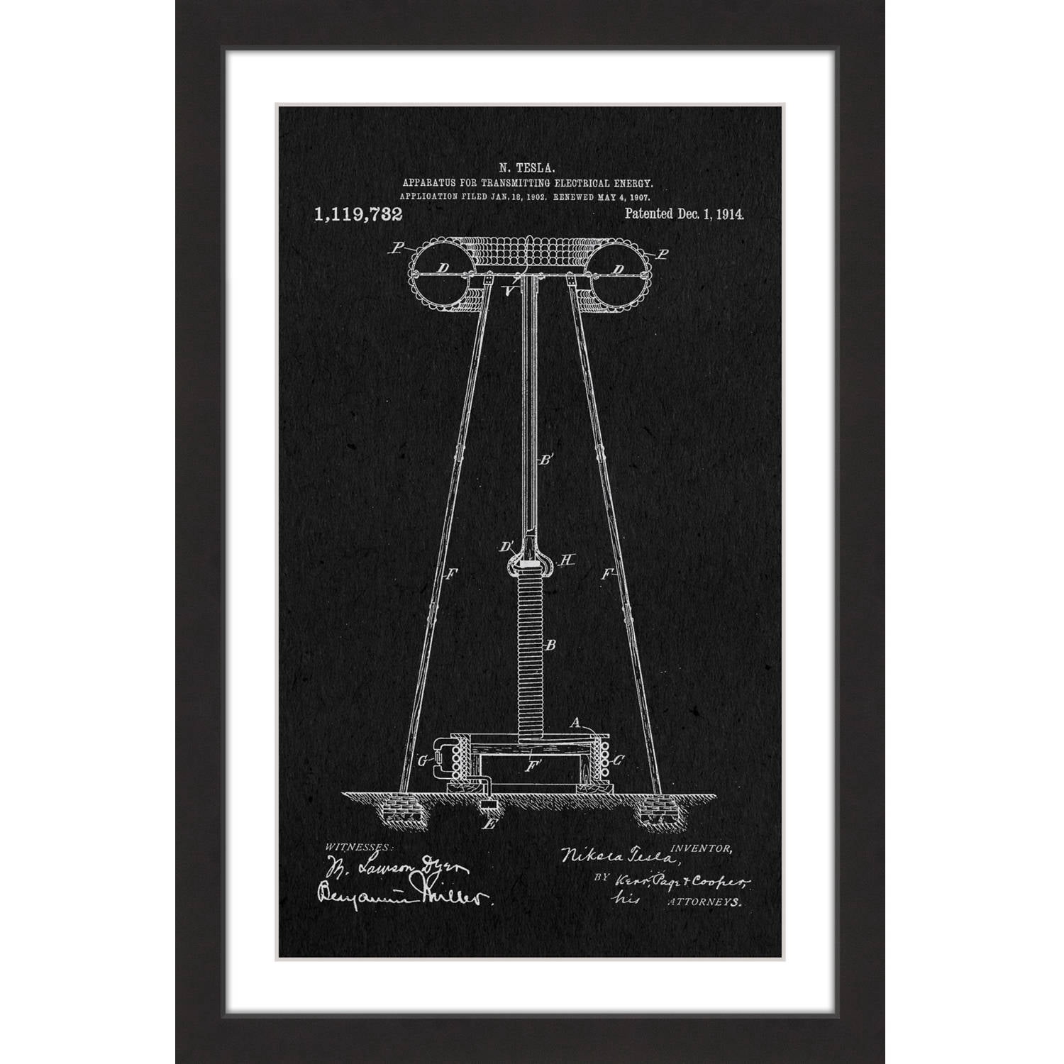 "Tesla Coil 1914 Black Paper" Framed Painting Print