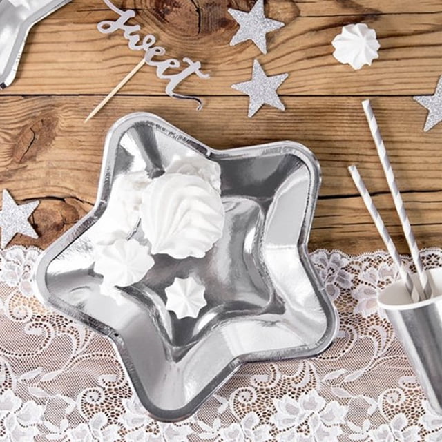 Paquete de 10 Platos Desechables de Papel con Forma de Estrella, Dorados y Plateados, de 18 Cm (7 Pulgadas) para Fiestas Navideñas, Cumpleaños y Postres Decorativos.