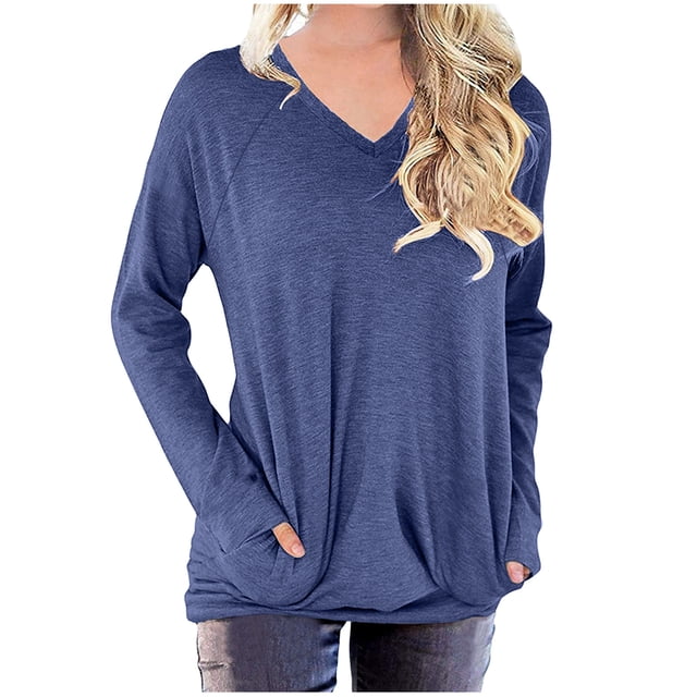 KIHOUT Spring Winter Womens Tops Solid Color Workout Sweatshirts Casual Basic Long Sleeve Loose Shirt Classic Crew V-Neck Tops with Pocket