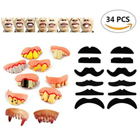 34PCS TKOnline Novelty Fake Mustache Mustaches Novelty and Toy And Ugly Fake Teeth Costume Party, Fancy Dress Party And Funny Ga