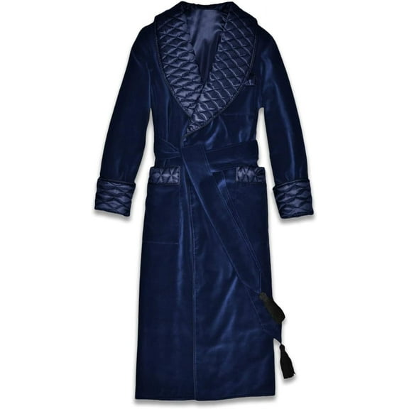 Men's Velvet Dressing Gown Silk Warm Luxury English Vintage Gentleman Robes Smoking Long Jacket Blue