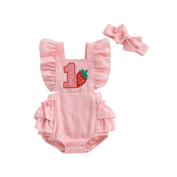FeMereina Baby Girl Strawberry Birthday Romper Fly Sleeve Bodysuit with Headband