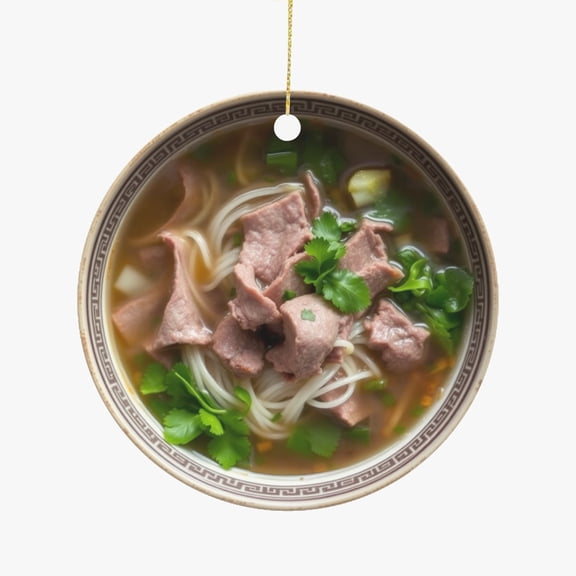 Pho Broth with Beef Strips, Noodles, Greens, Asian Comfort Dish Christmas Ornament, Food Foodie Novelty Xmas Tree Gift Accessory Funny Ornaments (Flat Design Printed on Ceramic, NOT 3D)
