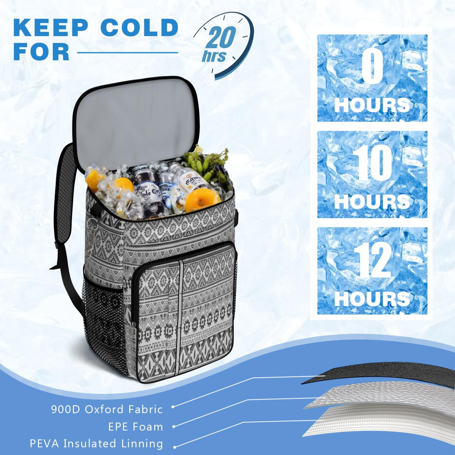 Travel Cooler Bag - Boho Bohemia Pioneer Flower Geometric Line Art Camping Beer Cooler Backpack with Bottle Opener- Waterproof Insulated Picnic Backpacks - Cooler Bag for Beach
