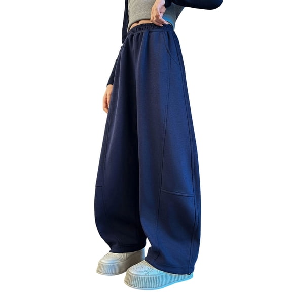 CPNG Girls Daily Casual Baggy Sweatpants Teen Girls Solid Color Wide Leg Pants Loose Elastic Waist Athletic Trousers(Navy,11-12 Years)