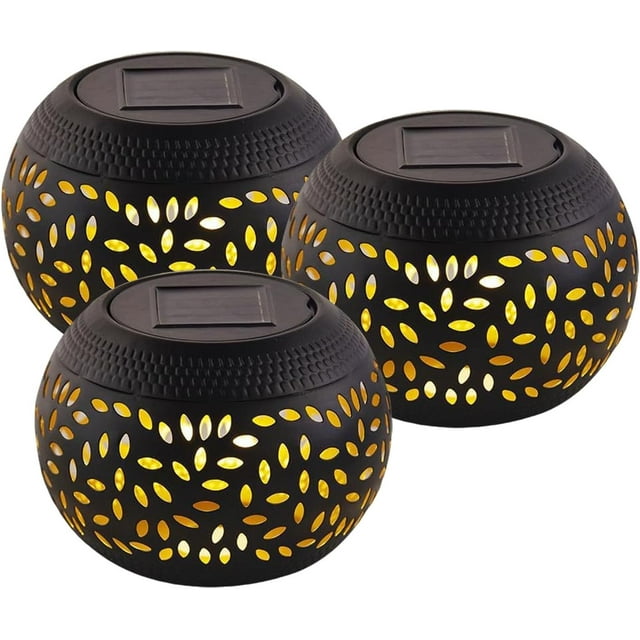 Flamme Solaire Simulée, Grand Bol de Feu, Bol de Feu Solaire de Table, Lampes de Table Solaires pour Extérieur Patio Étanche, Lanterne Extérieure à Led Intégrée à Énergie Solaire (3 Pcs Noir)