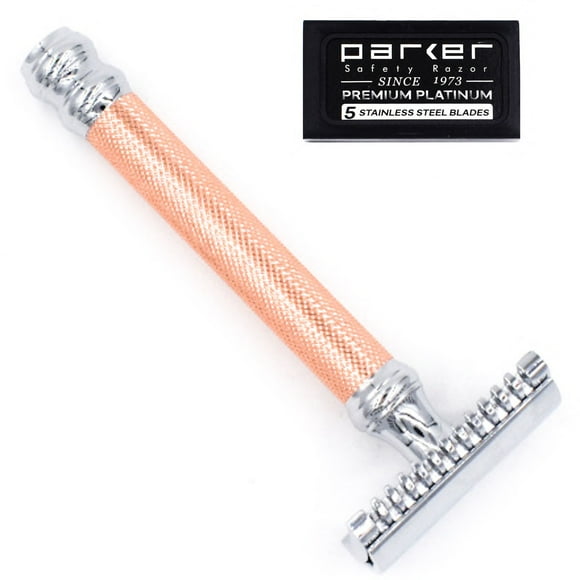 Parker 63C - ROSE GOLD Three Piece OPEN COMB Double Edge Safety Razor & 5 Parker Premium DE Blades