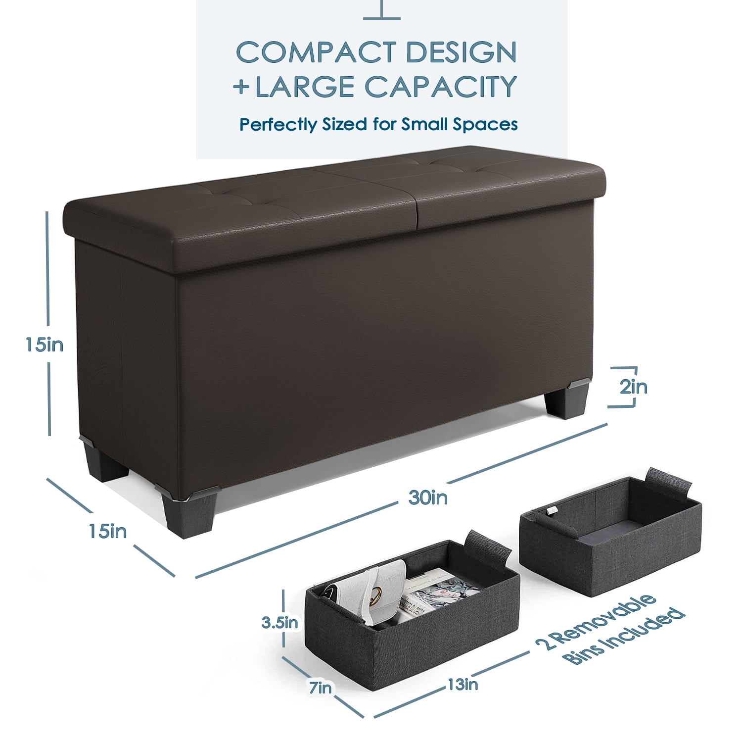 Storagebud Ottoman Storage Bench, Faux Leather 30" Storage Ottoman Bench, Brown