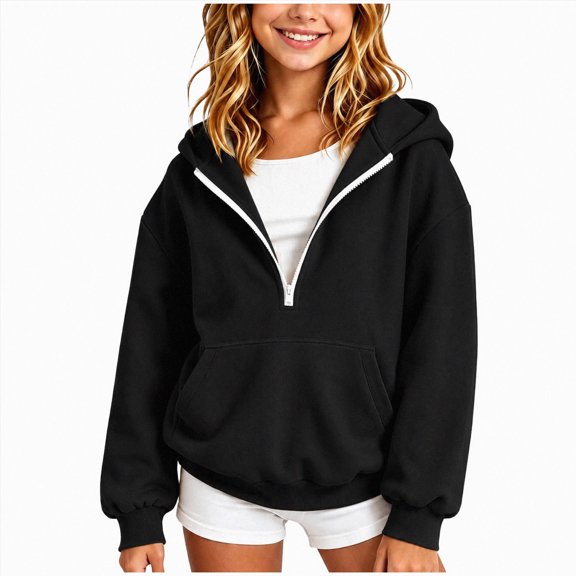 felwors Girls Sweatshirt Half Zipper Long Sleeve Pullover Quarter Zip Hoodie for Teen Girls 2026 Fall Fashion Preppy Clothes (Black,9-10 Years)