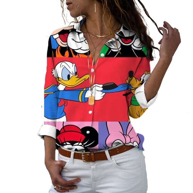 Disney-Camiseta de manga larga con botones para mujer, camisa informal con solapa y estampado 3D de Mickey, Minnie, Pato Donald, estilo Harajuku, y2k, novedad de 2022