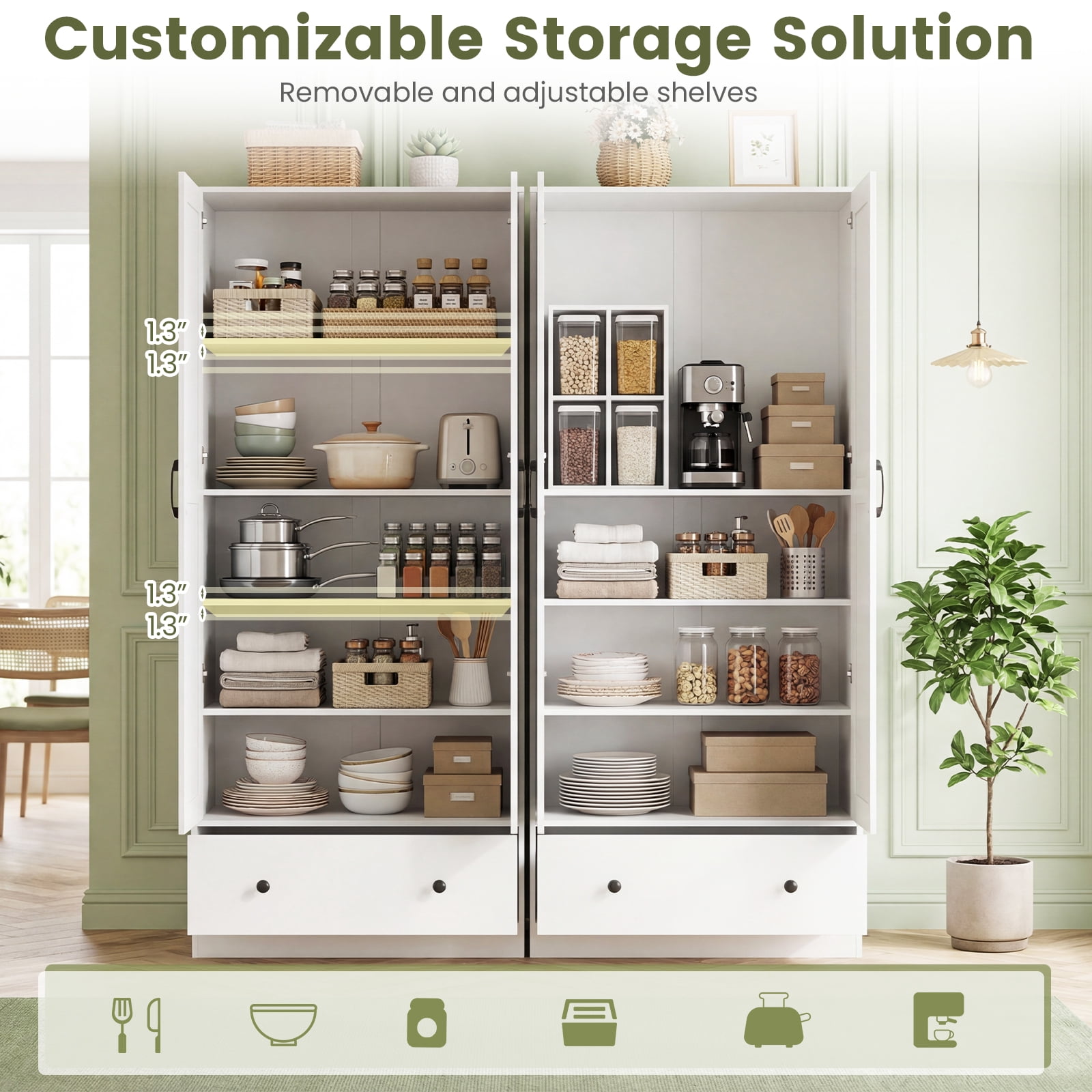 Costway 72" Tall Kitchen Pantry Cabinet, Farmhouse Wooden Cupboard with 2 Doors, Drawer White