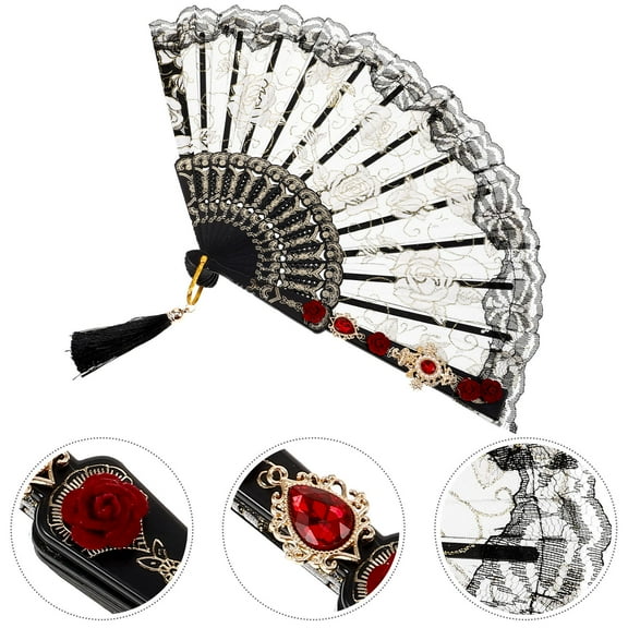 HONMEET Vintage Black Chinese Folding Fan with Tassel for Decoration