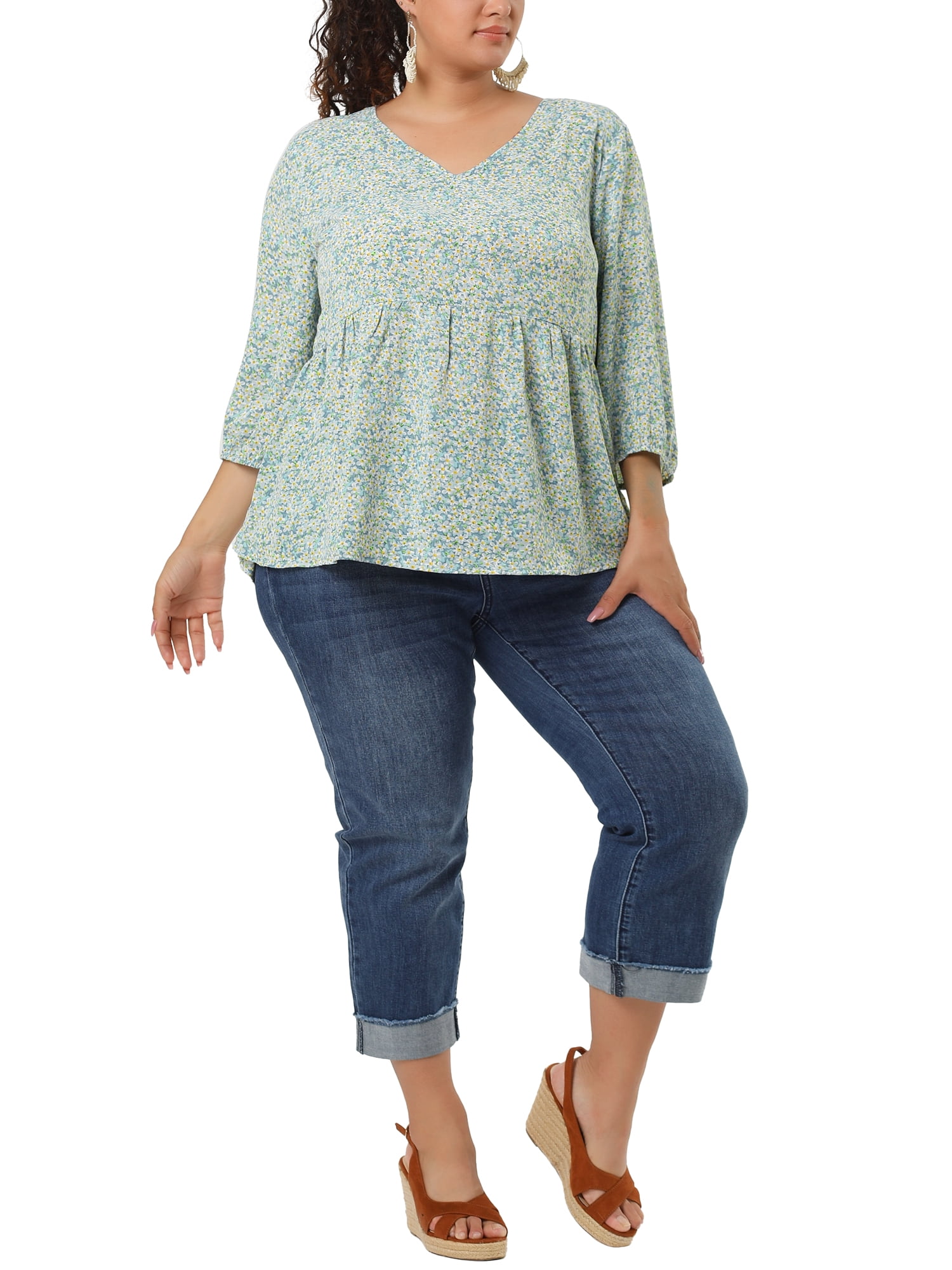 Unique Bargains Women's Plus Size V Neck Flowy 3/4 Sleeve Floral Blouse 4X Light Blue