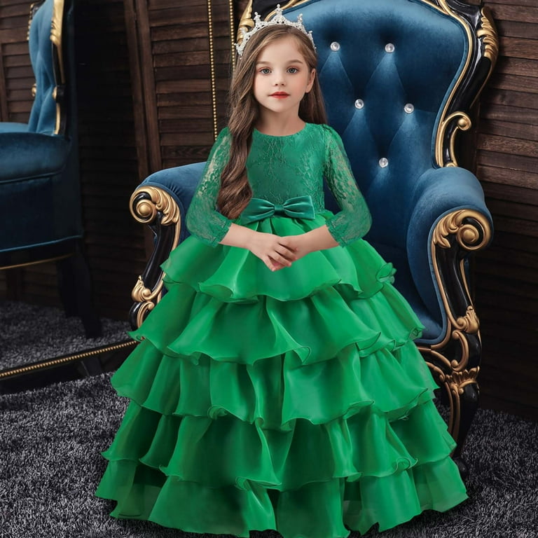 Sbyojlpb Children'S Sleeveless Dress Kids Dress Girls Middle Sleeve  Princess Dress Bow Tie Lace Mesh Dress Cake Dress Reduced Price Green 7-8  Years - Walmart.Com