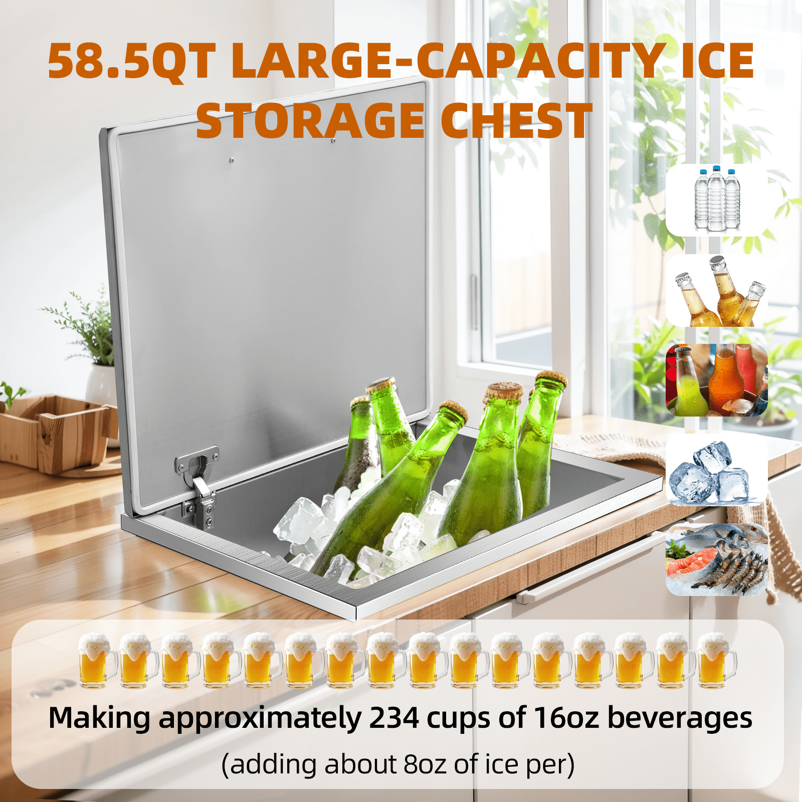 Towallmark Drop In Ice Chest, 58.5 Quarts Capacity Ice Cooler,  20"Lx18"Wx13"H Commercial Stainless Steel Ice Bin with Hinged Cover, Outdoor Kitchen Ice Bar