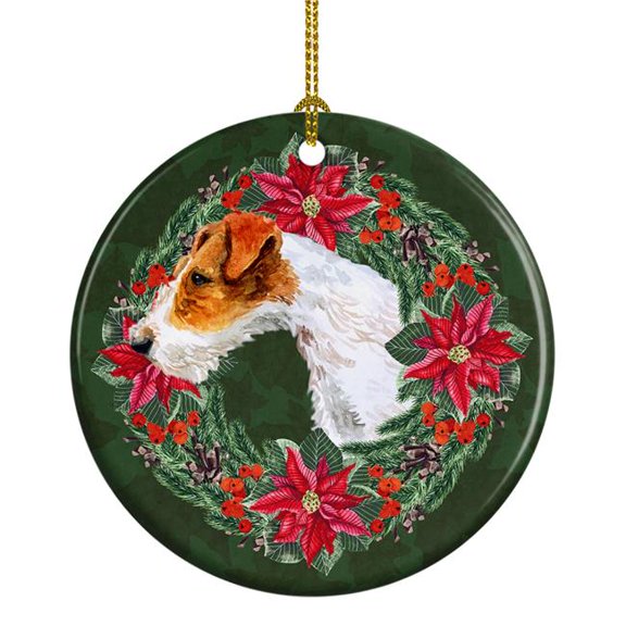 Fox Terrier Poinsetta Wreath Ceramic Ornament 2.8 in x 2.8 in