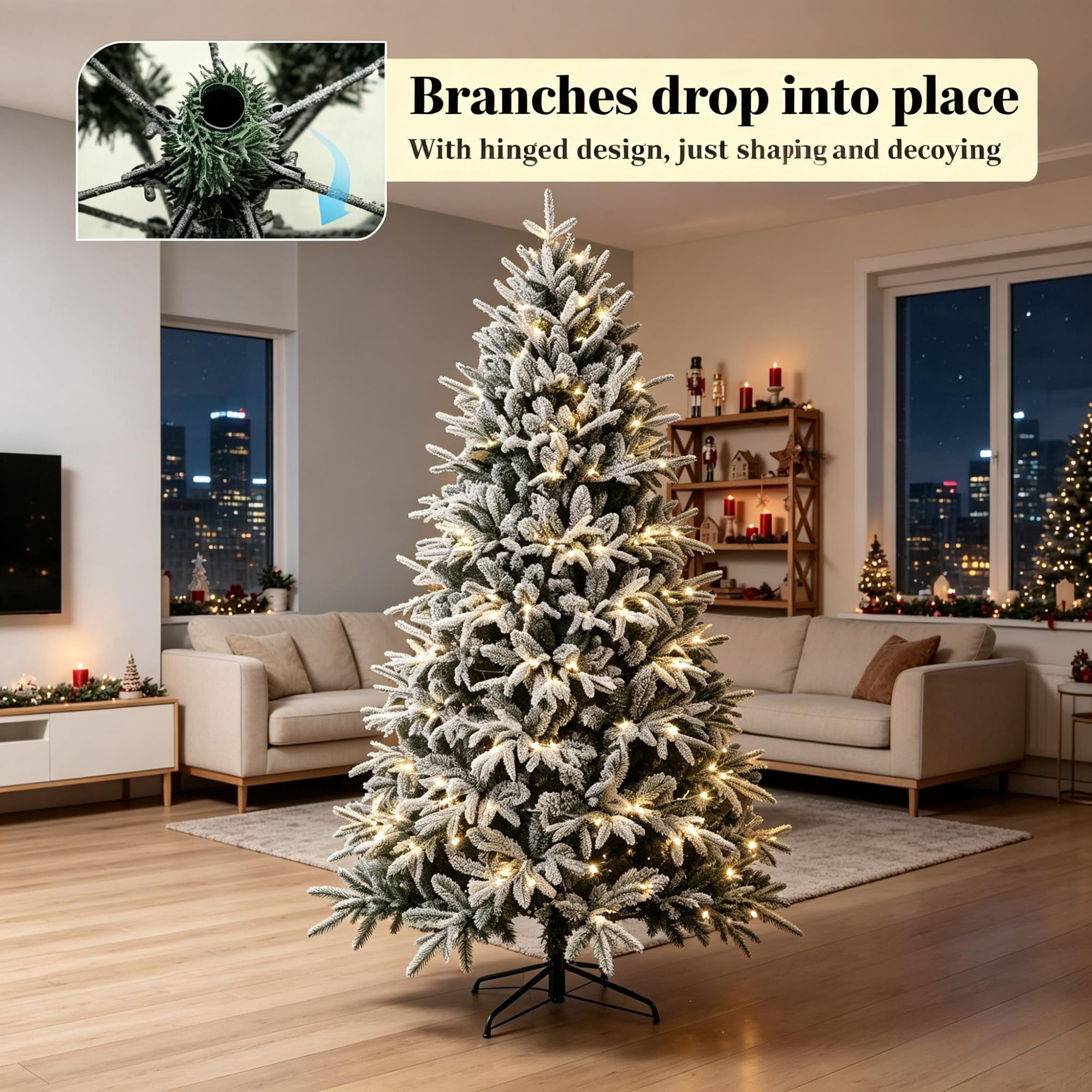 7 ft Pre-Lit Flocked Christmas Tree with 350 Warm White LED Lights, 2679 Tips, Hinged Design, 53.1 in Diameter, Indoor Holiday Decoration