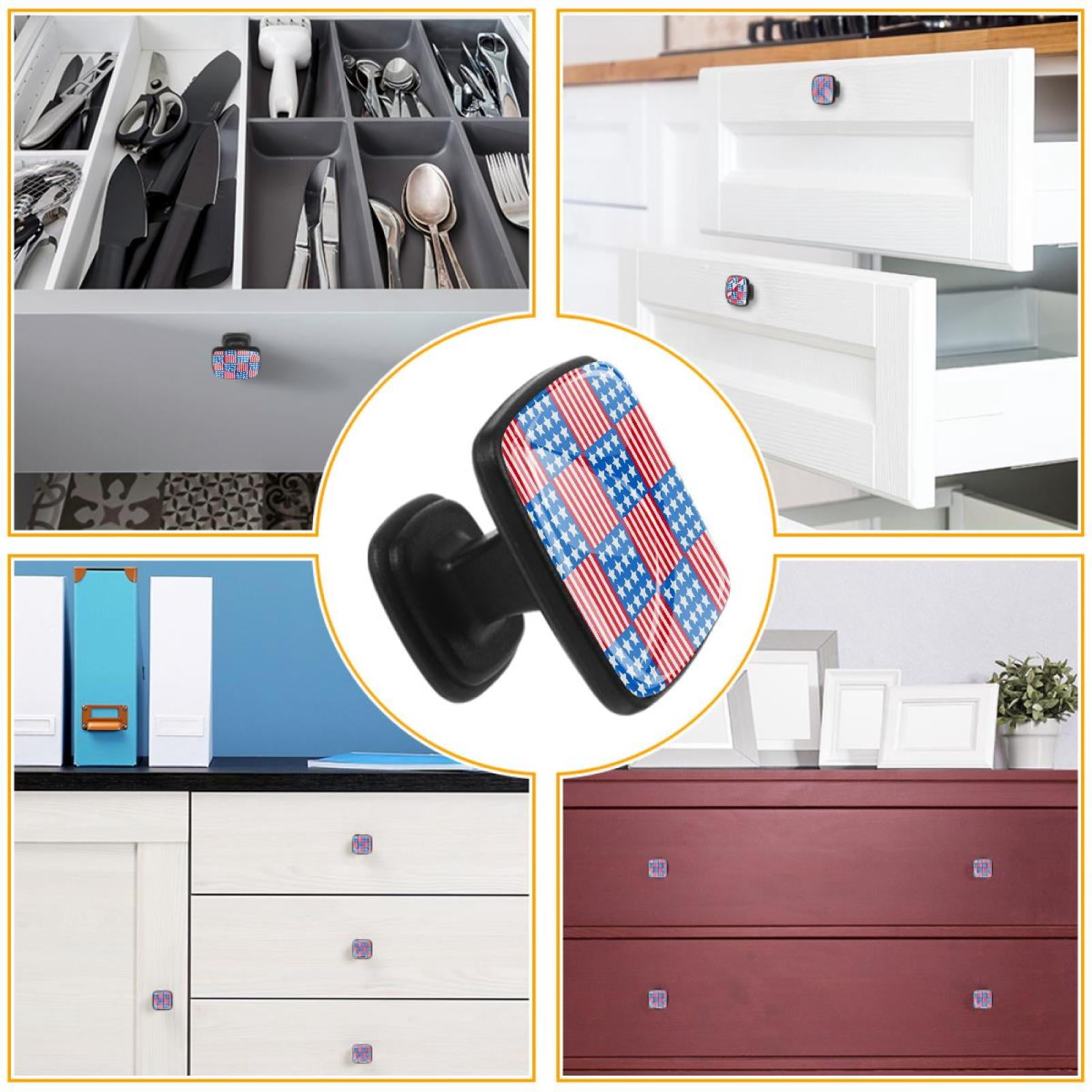 4 Pcs Cabinet Handle Drawer Pulls Red Stripes Blue White Stars Knobs with Screws Square Furniture Office Cabinet Knob Decoration