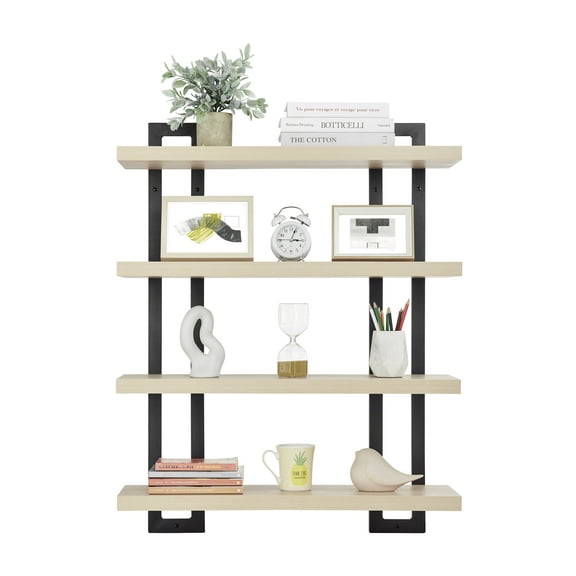 Danya B. 4-Tier Floating Bracket Wall Shelf - Black Metal and White Birch Finish