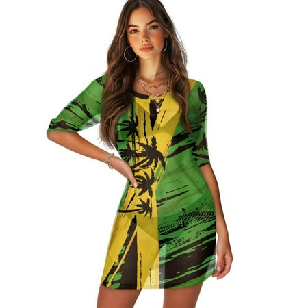 FKELYI Jamaican Flag Palm Tree Print Women s Swimsuit Cover Ups Round Neck Swimwear Cover-Up Half-Sleeve Beachwear Bikini Beach Dress for Ladies Summer Vacation Swimming  L